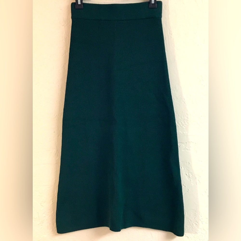 Sezane La Maille Naelle Skirt Wool Blend Stretch Ribbed Midi Skirt Small Green